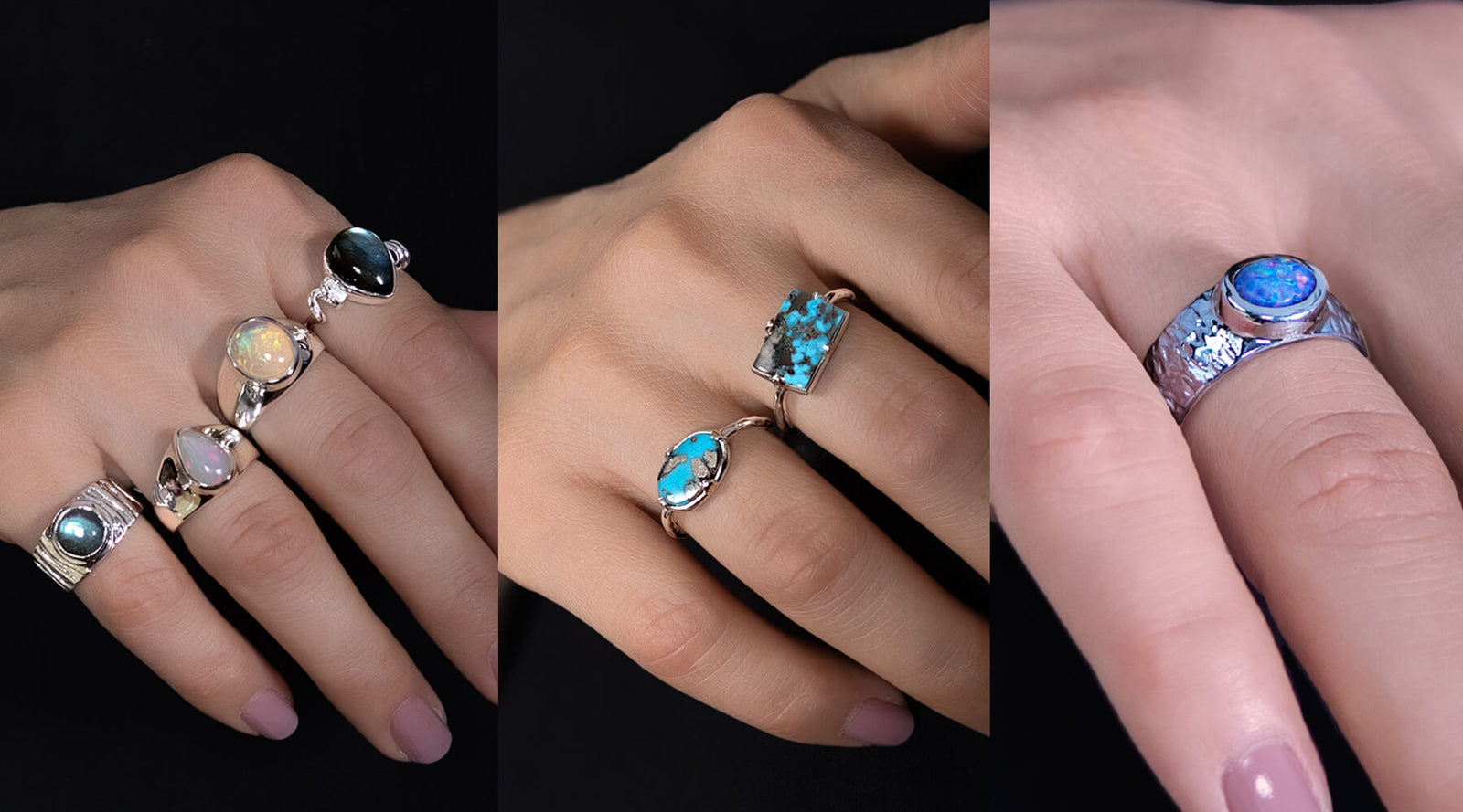 3  hands wearing silver rings made of opal, turquoise, and  labradorite.