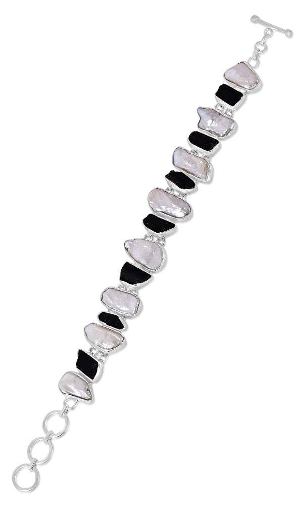 Black Tourmaline + Water Pearl Bracelet B3