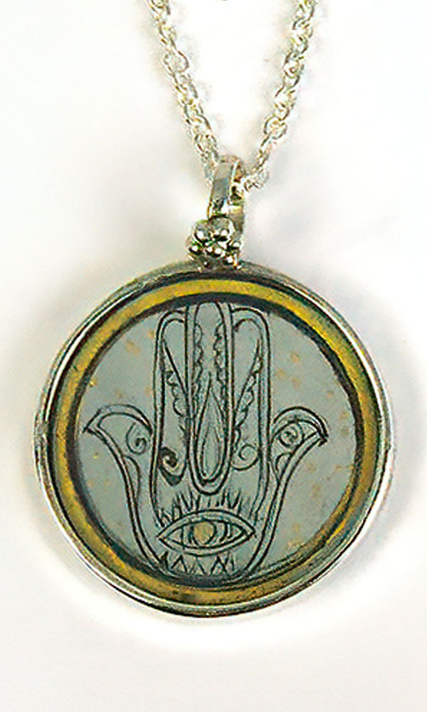 Hand Painted Pendant - Hamsa on Grey